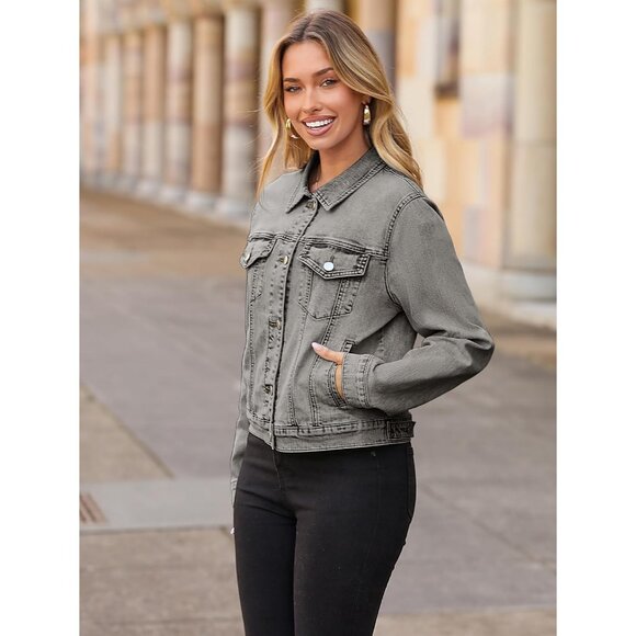 Women's Jean Jacket Long Sleeve Denim Jackets Button Down with Pockets Gray - Picture 4 of 6